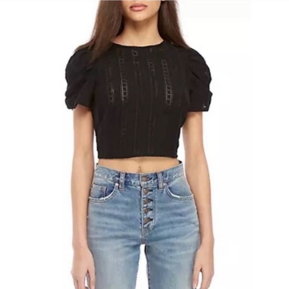 Free People “Star Struck” Eyelet Puff Sleeve Crop Top Black Open Back XS Cotton - Picture 7 of 11